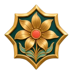 In Full Bloom badge: an eight-point gold solar seal with a flower at its centre