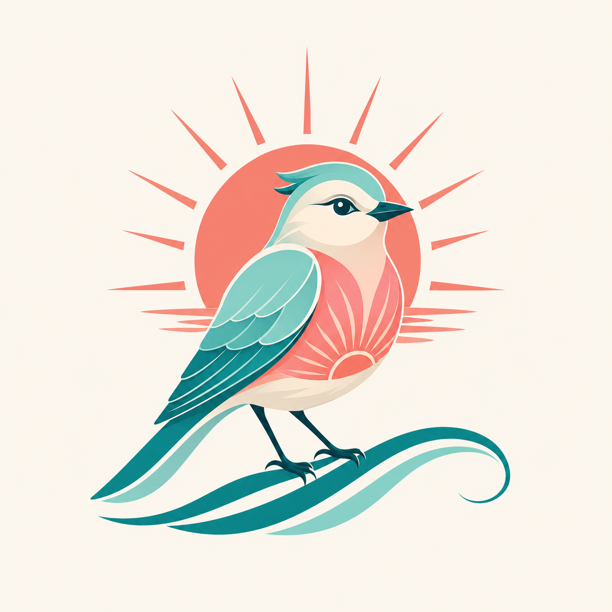 Clara, a stylised swallow with a sunrise on her chest, perched on a wave