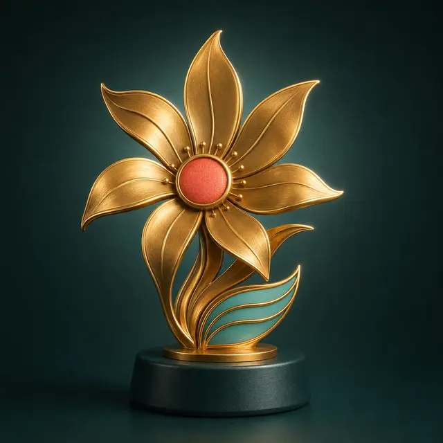 In Full Bloom, the gold Bloom Again trophy: a golden flower on a dark stone base